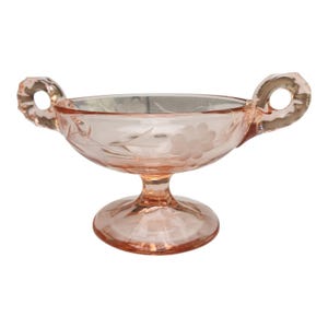 VTG Pink Depression Glas Footed Sockel Dish Bowl Geätzte Griffe Selen Glow