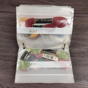 以下が含まれることがあります： 刺繍糸が入った2つの透明なビニール袋。上の袋には赤と金の糸、下の袋には緑とピンクの糸が入っています。袋は金属リングでまとめられています。上の袋には数字の「221」が書かれています。