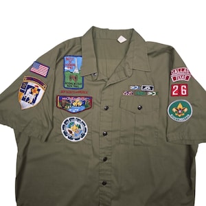 Vintage 70er Jahre Pfadfinderhemd (BSA Scoutmaster) für Erwachsene, Größe XL/17, grüne Aufnäher, Texas