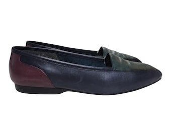 VTG Enzo Angiolini Leather Loafers Flats 10M Colorblock Navy Green Square Toe