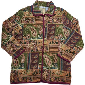 May include: A multi-colored paisley patterned jacket with a button-up front. The jacket features a patchwork design with shades of green, brown, and purple. The collar and trim are a deep burgundy color. The brand name "BLAIR" is visible on the label.