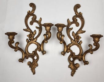 Vintage Pair Syroco 3930 Gold Wall Decor Sconces Double Candle Holders Plastic