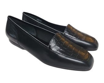 Vintage Enzo Angiolini Liberty Loafers 10 M Svart Krokodilskinn Fyrkantig Tå