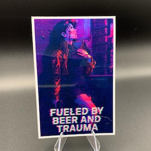 Fueled by Beer and Trauma – Misato Katsuragi Sticker | Glitchcore Evangelion Vinyl Decal
