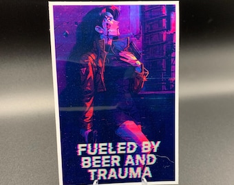 Fueled by Beer and Trauma – Misato Katsuragi Sticker | Glitchcore Evangelion Vinyl Decal