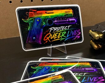 Protect Queer Lives Sticker – Rainbow Gun Bumper Sticker – LGBTQ Pride Vinyl Decal Leftist 2nd Amendment