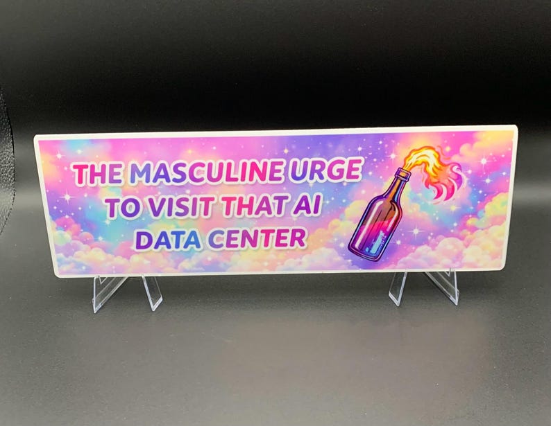 Peut inclure: Panneau rectangulaire avec le texte "THE MASCULINE URGE TO VISIT THAT AI DATA CENTER" en rose et blanc. Le fond est un ciel color&eacute; avec une bouteille avec une flamme qui en sort. Le panneau est soutenu par deux supports en plastique transparent.
