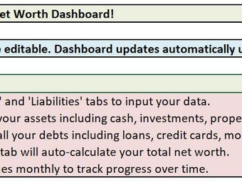 Plantilla de Excel para el seguimiento del patrimonio neto / Panel de activos y pasivos / Hoja de cálculo digital de finanzas personales / Descarga instantánea