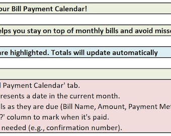 Bill Payment Calendar Excel Template | Monthly Bill Tracker Spreadsheet | Digital Budget Planner Download | Payoff Organizer