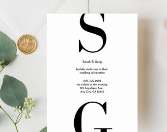 May include: A white wedding invitation with black text. The invitation features the initials "S" and "G" in large, bold letters. The text reads "Sarah & Greg" and details the wedding date, time, and location: 123 Anywhere Ave, Any City, CA 12345.