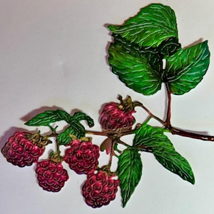 May include: A detailed illustration of a raspberry branch with green leaves and several ripe, red raspberries. The branch has a brown stem and is set against a white background. The leaves have detailed veining.