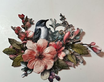 5 flowers with bird Paper Die cut, card supplies, scrapbooking, paper crafting, greeting cards, journaling,  flowers