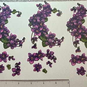 May include: Paper cutouts of purple violets with green leaves. The violets are arranged in crescent shapes and as individual flowers. A ruler in inches is at the bottom of the image.