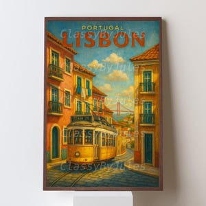 Lisbon Portugal Digital Poster – Retro Tram Wall Art Print, Vintage Travel Illustration of Lissabon Street Scene