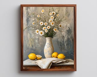 Bodegón de jarrón de porcelana clásico imprimible: arte cottagecore vintage con margaritas y limones, decoración acogedora de estilo rústico, descarga digital 11
