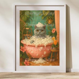 Funny Cat Wall Art Digital Print – Grey Cat in Pink Bubble Bath Tub Poster, Cute Bathroom Decor, Maximalist Tropical Cat, Retro Cat Bathroom