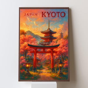 Kyoto Japan Digital Poster – Japanese Temple Wall Art Print, Cherry Blossom Kyoto Illustration for Travel or Zen-Inspired Decor