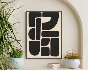 Impresión de forma negra abstracta, minimalista, moderna, geométrica, arte de pared, póster digital, decoración bohemia neutra, descarga