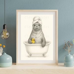 Cute Seal Bathtub Print – Funny Bathroom Wall Art, Ocean Animal Digital Poster, Whimsical Bathtub Decor for Kids or Spa Space