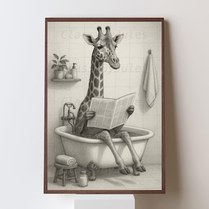 Funny Giraffe Bathtub Print – Quirky Animal Bathroom Wall Art, Digital Poster for Bathtub Decor or Badezimmmer Deko