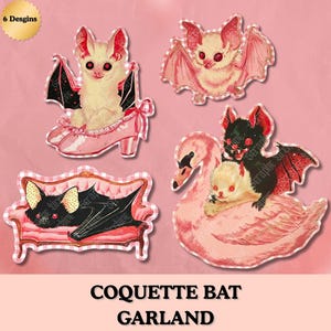 Peut inclure: Quatre autocollants découpés représentant des chauves-souris dans des tons rose et noir. Une chauve-souris est dans un escarpin rose, une vole, une repose sur un canapé rose et une noire est sur un cygne rose. Un sceau doré indique 6 Desgins.