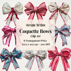 Coquette Bow Clipart - 8 glänzende Schleifen PNGs mit Pinselstrichen für Branding, Geburtstagseinladungen, Scrapbooking & Canva Digital Design