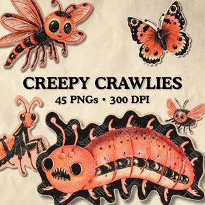 以下が含まれることがあります： CREEPY CRAWLIES 45 PNGs 300 DPIと題された昆虫イラストのデジタルコレクション。オレンジと黒の漫画風の虫のセットで、大きな毛虫、蝶、トンボ、カマキリがテクスチャ加工された背景に描かれています。