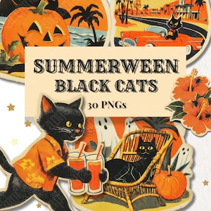 Summerween Black Cat PNG Clipart, Retro Halloween Die Cut Ephemera, Junk Journal Fussy Cuts för Halloween Planner och Summerween-dekor