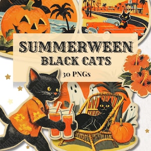 Op de afbeelding: Een verzameling digitale illustraties met zwarte katten in tropische omgevingen met pompoenen, geesten en hibiscusbloemen. De tekst luidt SUMMERWEEN BLACK CATS 30 PNGS. De afbeeldingen bevatten een kat in een oranje overhemd met drankjes.