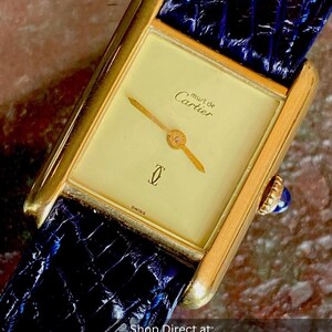 Cartier Tank SM 21x28mm dameshorloge – 925 zilver 18k verguld, handopwinder, blauwe band + etui