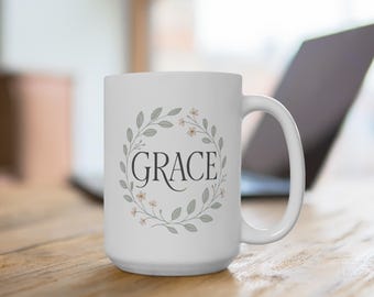 Grace Mug with Floral Wreath, Thoughtful Gift for Her, Christian Coffee Cup, Encouragement Gift