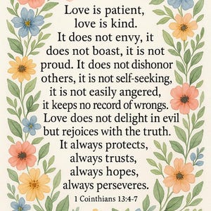 Bible Verse Wall Art | Love is Patient Love is Kind Printable | 1 Corinthians 13:4-7 Scripture Print | Christian Home Decor