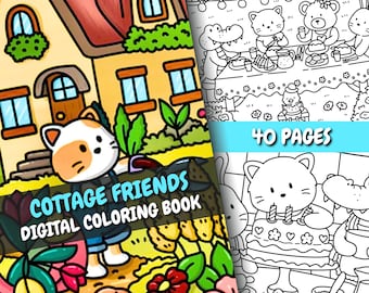 Cute Coloring Book | Cottage Friends Relaxing Coloring| 40 Cute Pages + Bonus Cover | For Adults & Kids | PDF + PNG | Instant Download