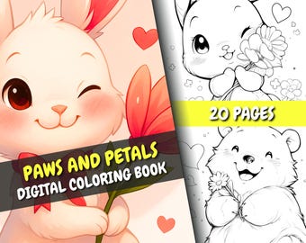 Paws and Petals Coloring Book | 20 Cute Animal & Floral Pages + Bonus Cover | Relaxing Pages | All Ages | PDF + PNG | Instant Download