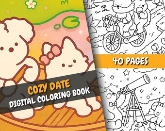Cozy Date Coloring Book | 40 Cute Animal Date Scenes + Bonus Cover | For Adults & Kids | PDF + PNG | Instant Download | Relaxing Coloring
