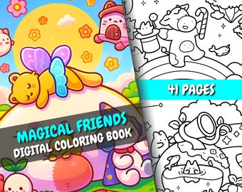 Kolorowanka „Magic Friends” | 41 uroczych kwadratowych stron + okładka | Dla dorosłych i dzieci | PDF + PNG | Natychmiastowe pobranie | Relaksujące kolorowanki