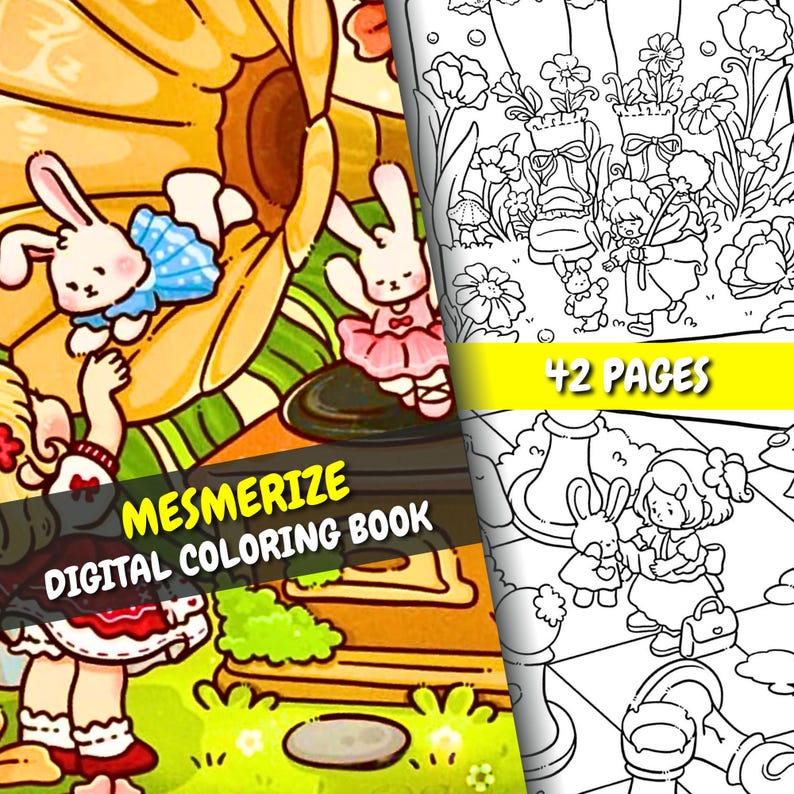 Cute Coloring Book | Mesmerize Relaxing Coloring | 42 Relaxing Cute Pages + Bonus Cover | For Adults & Kids | PDF + PNG | Instant Download