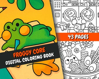 Froggy Core Coloring Book | 43 Cute Square Pages + Bonus Cover | For Adults & Kids | PDF + PNG | Chill Relaxing Scenes | Instant Download