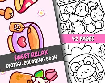 Cute Coloring Book | Sweet Relax Relaxing Coloring | 42 Relaxing Cute Pages + Bonus Cover | For Adults & Kids | PDF + PNG | Instant Download
