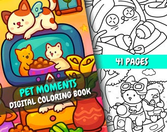 Pet Moments Coloring Book | 41 Cute Funny Square Pages + Cover | For Adults & Kids | PDF + PNG | Instant Download | Relaxing Coloring Pages