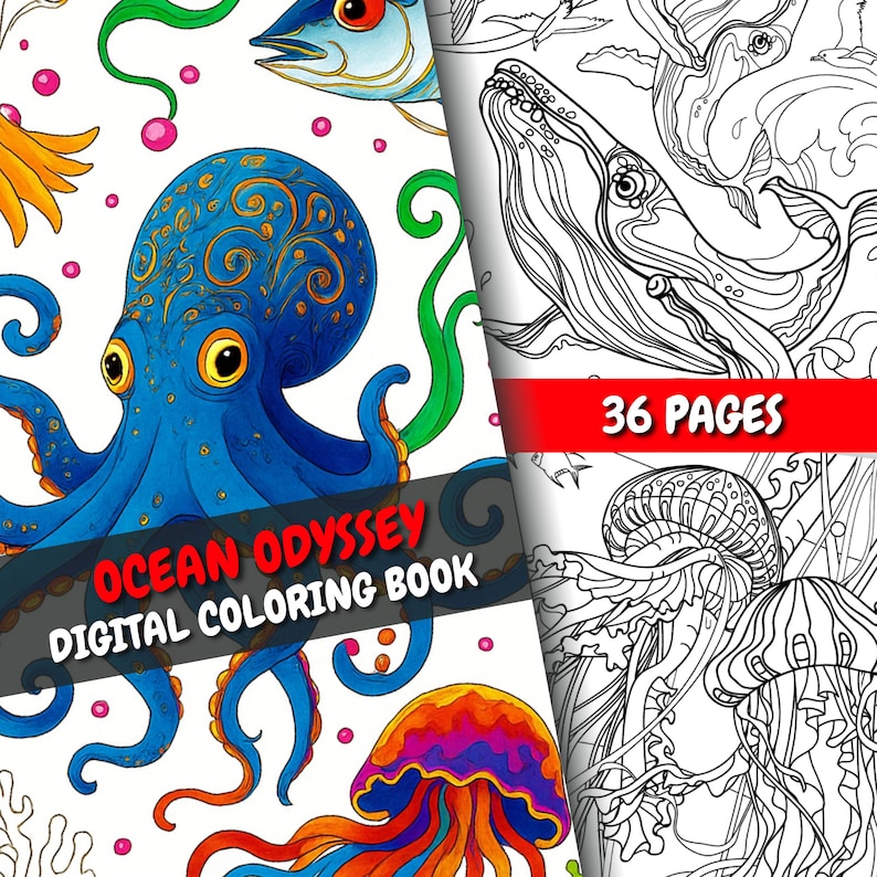 Ocean Odyssey Coloring Book | 36 Realistic Ocean-Themed Pages + Bonus Cover | For Adults | PDF + PNG | Instant Download