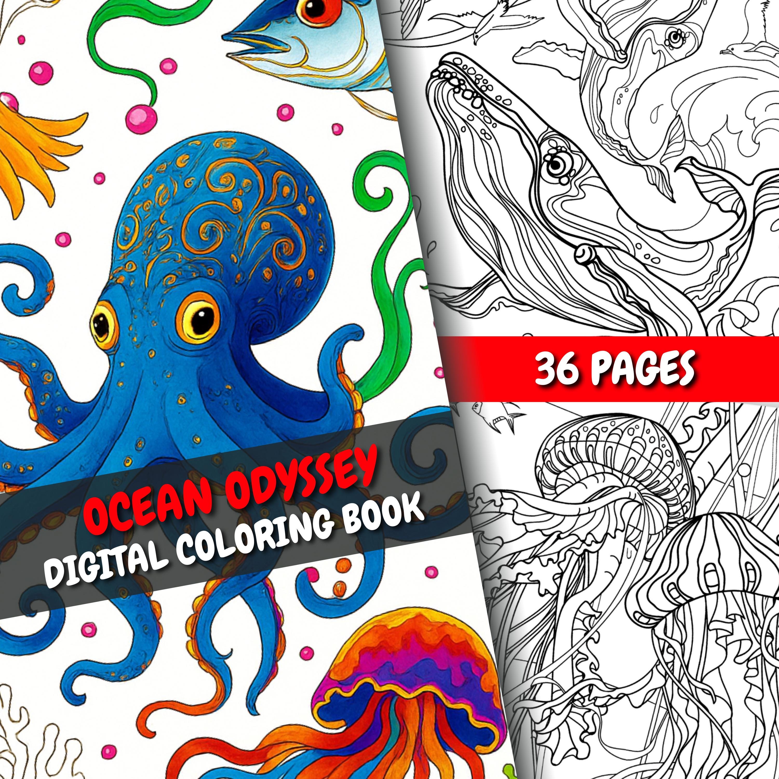 Ocean Odyssey Coloring Book | 36 Realistic Detailed Relaxing Ocean-Themed Pages + Bonus Cover | For Adults | PDF + PNG | Instant Download
