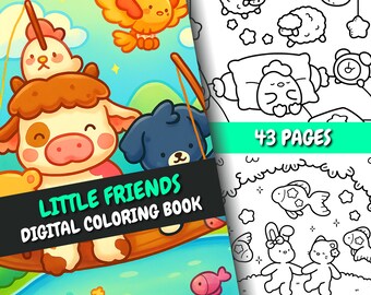 Little Friends Coloring Book | 43 Cute Square Pages + Cover | For Adults & Kids | PDF + PNG | Instant Download | Relaxing Coloring Pages