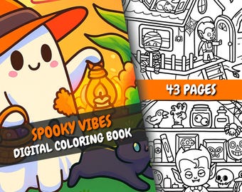 Spooky Vibes Coloring Book | 43 Cute Spooky Pages + Bonus Cover + Color Page | Halloween Pages | All Ages | PDF + PNG | Instant Download