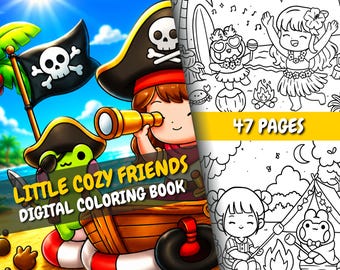Little Cozy Friends Coloring Book | Cute Princess & Animal Friends | 47 Pages + Bonus Cover, Color Swatches | PDF + PNG | Instant Download
