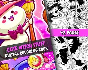 May include: A digital coloring book titled "Cute Witch Stuff" with a cartoon witch character and a pink background. The book features 42 pages of witch-themed illustrations, including cauldrons, brooms, and potion bottles.