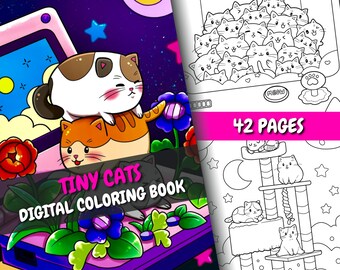 Tiny Cats Coloring Book | 42 Cute & Relaxing Pages + Bonus Cover | For Adults and Kids | PDF + PNG | Instant Download | Relaxing Cute Pages