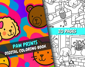 Paw Prints Coloring Book | 20 Cute Easy Pages + Cover | For Adults & Kids | PDF + PNG | Instant Download | Relaxing Cute Coloring Pages