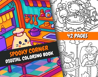 Spooky Corner Coloring Book | 42 Cute & Spooky Pages + Bonus Cover | Cute Halloween Coloring for All Ages | PDF + PNG | Instant Download