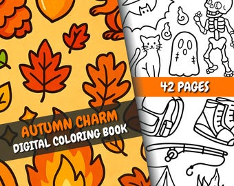 Autumn Charm Coloring Book | 42 Cute Square Pages + Cover | For Adults & Kids | PDF + PNG | Instant Download | Halloween Cute Coloring Pages